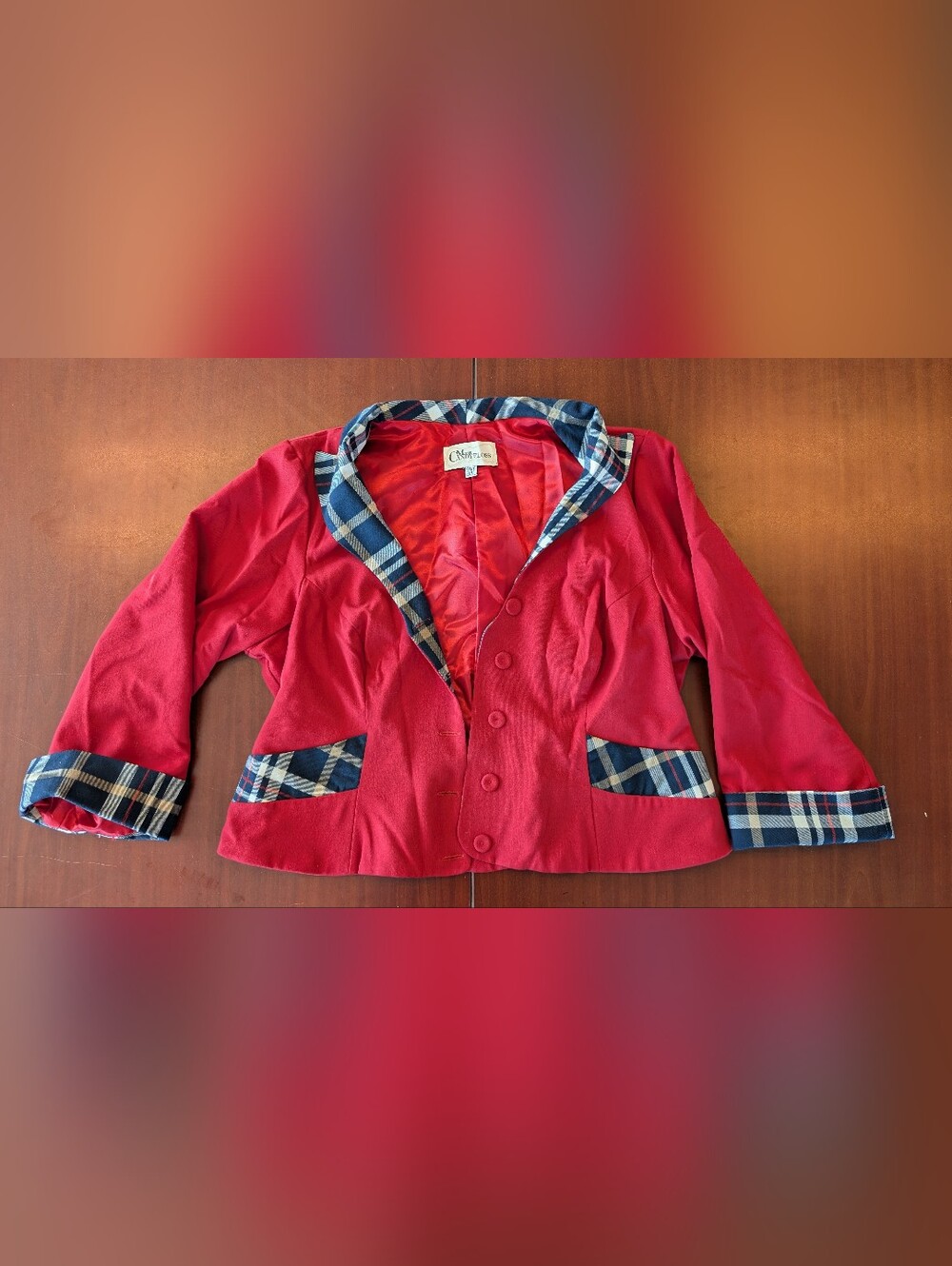Miss Candyfloss Retro Red Jacket/Blazer With Navy Plaid Trim, 3XL